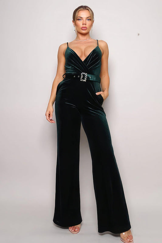 Samba Rhinestone Belt Velvet Jumpsuit - Clothes For Her Online Store