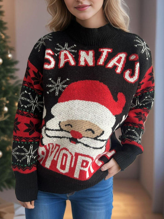Santa Mock Neck Long Sleeve Sweater - Clothes For Her Online Store