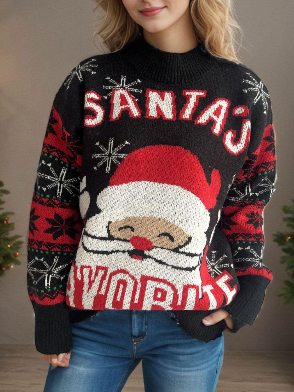 Santa Mock Neck Long Sleeve Sweater - Clothes For Her Online Store