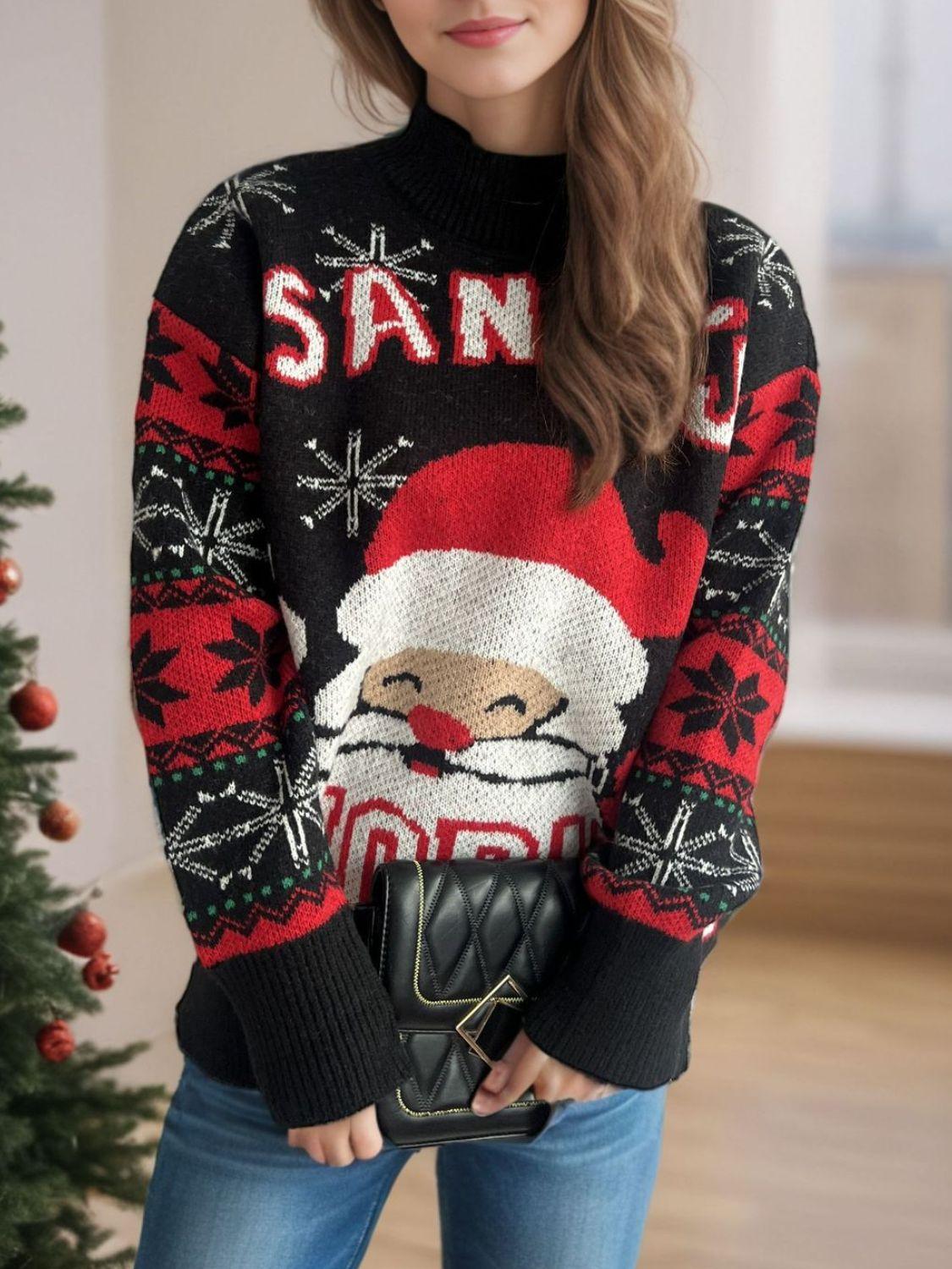 Santa Mock Neck Long Sleeve Sweater - Clothes For Her Online Store