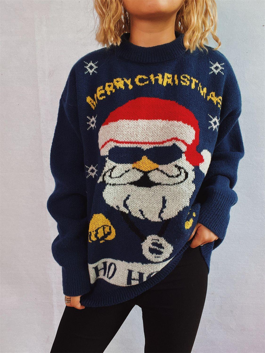 Santa Round Neck Long Sleeve Sweater - Clothes For Her Online Store
