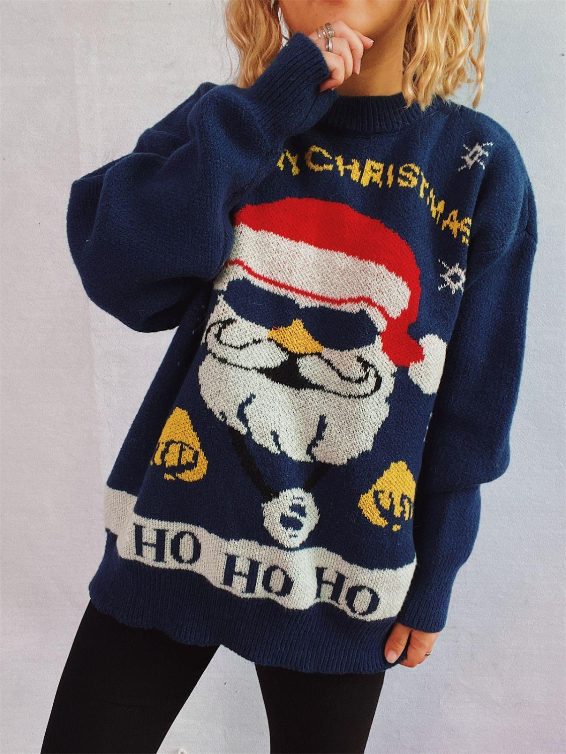 Santa Round Neck Long Sleeve Sweater - Clothes For Her Online Store