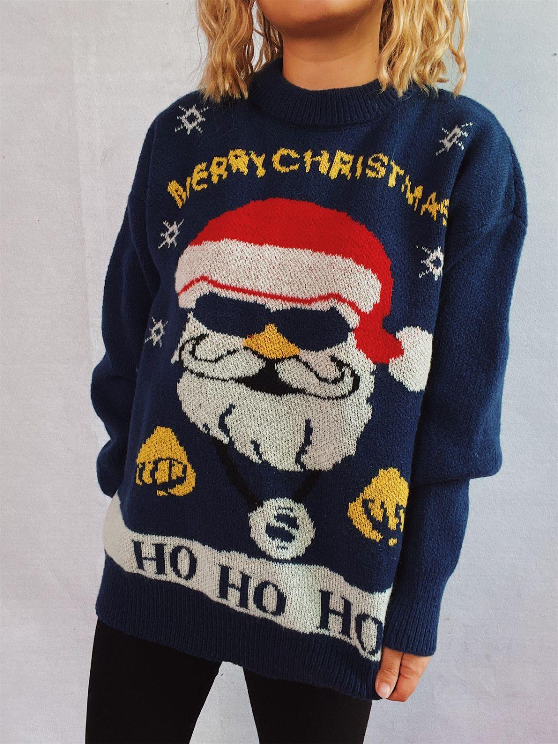 Santa Round Neck Long Sleeve Sweater - Clothes For Her Online Store