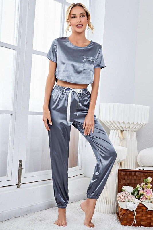 Satin Short Sleeve Crop Top and Joggers Lounge Set - Clothes For Her Online Store