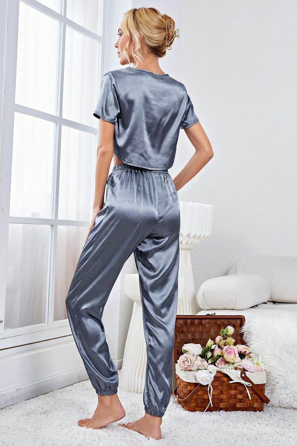 Satin Short Sleeve Crop Top and Joggers Lounge Set - Clothes For Her Online Store