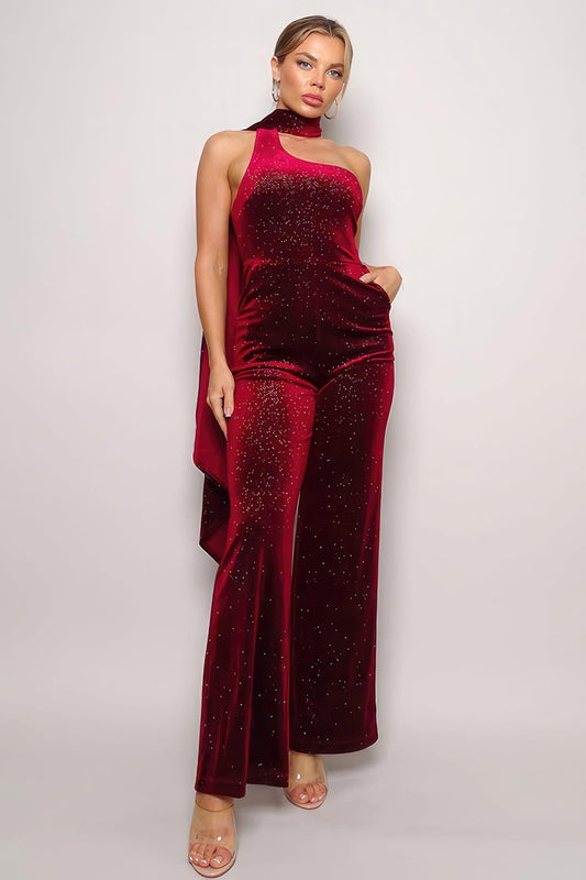 Scarf Top Glitter Velvet Jumpsuit - Clothes For Her Online Store