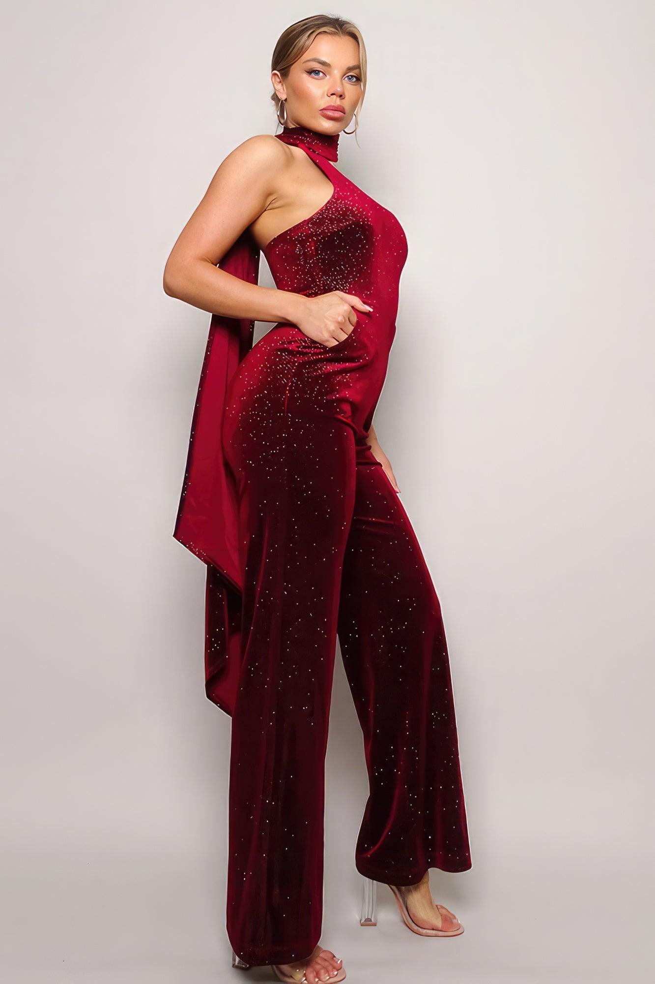 Scarf Top Glitter Velvet Jumpsuit - Clothes For Her Online Store