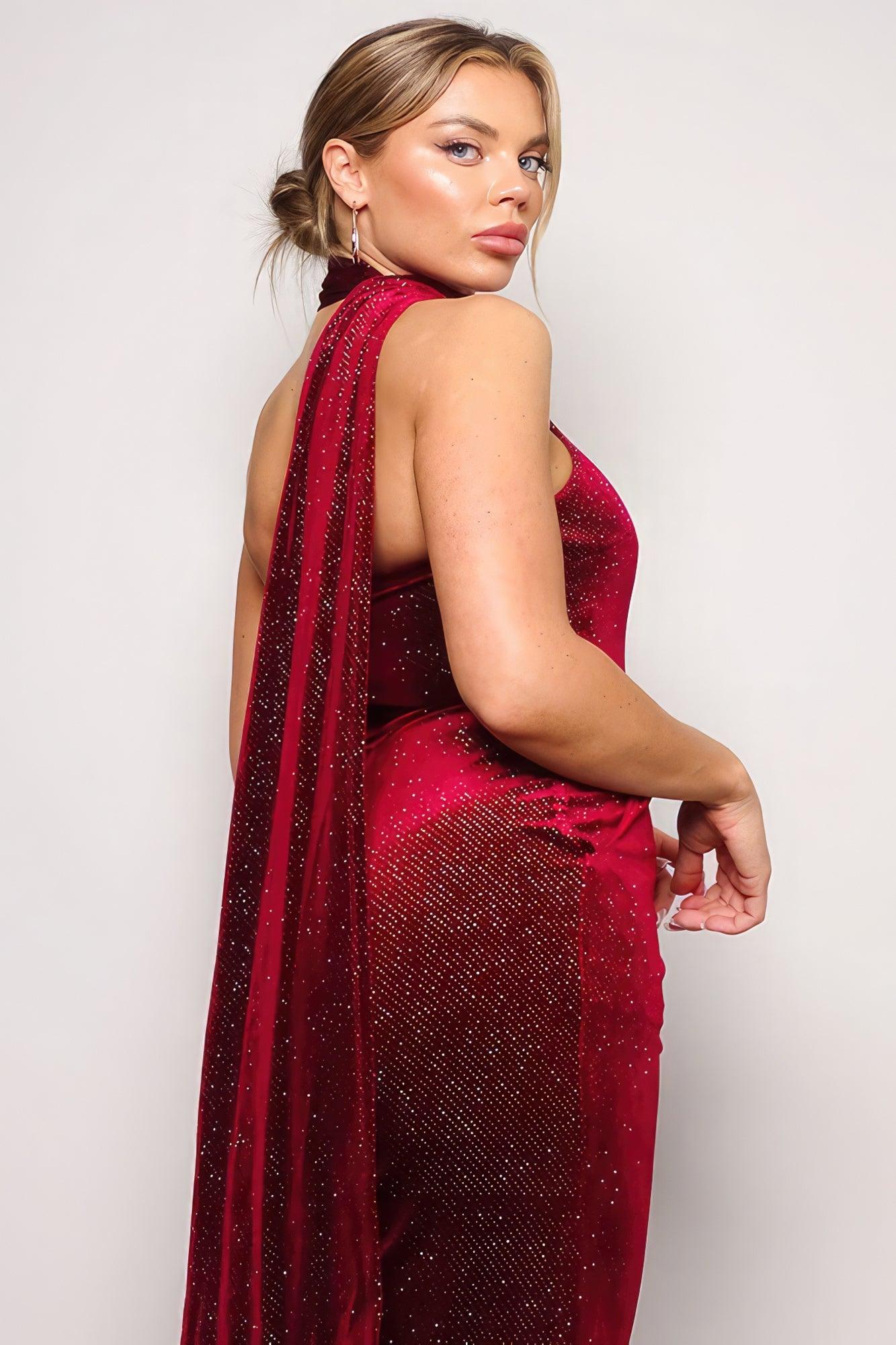 Scarf Top Glitter Velvet Jumpsuit - Clothes For Her Online Store
