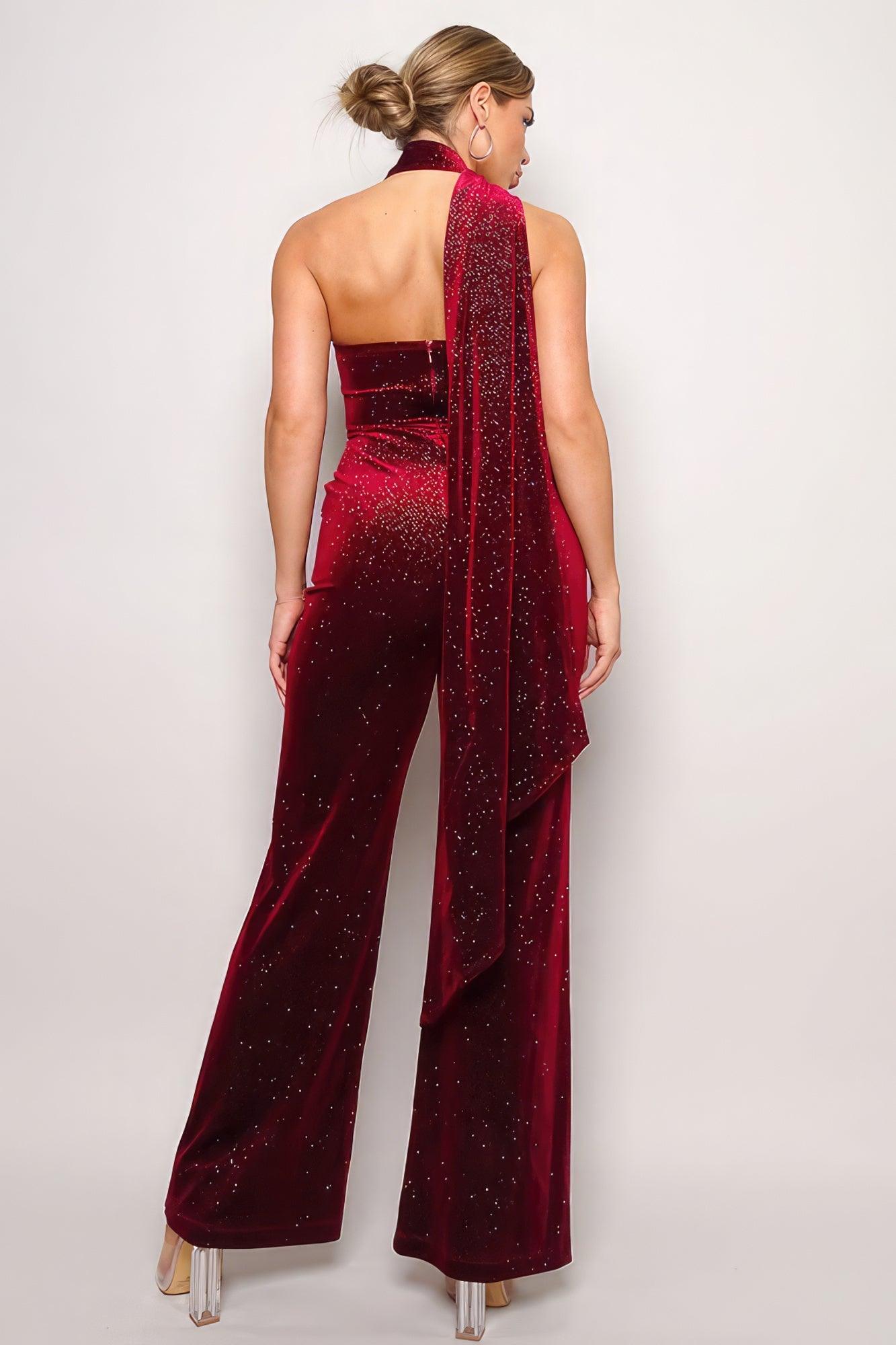 Scarf Top Glitter Velvet Jumpsuit - Clothes For Her Online Store