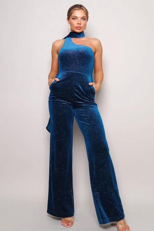 Scarf Top Glitter Velvet Jumpsuit - Clothes For Her Online Store
