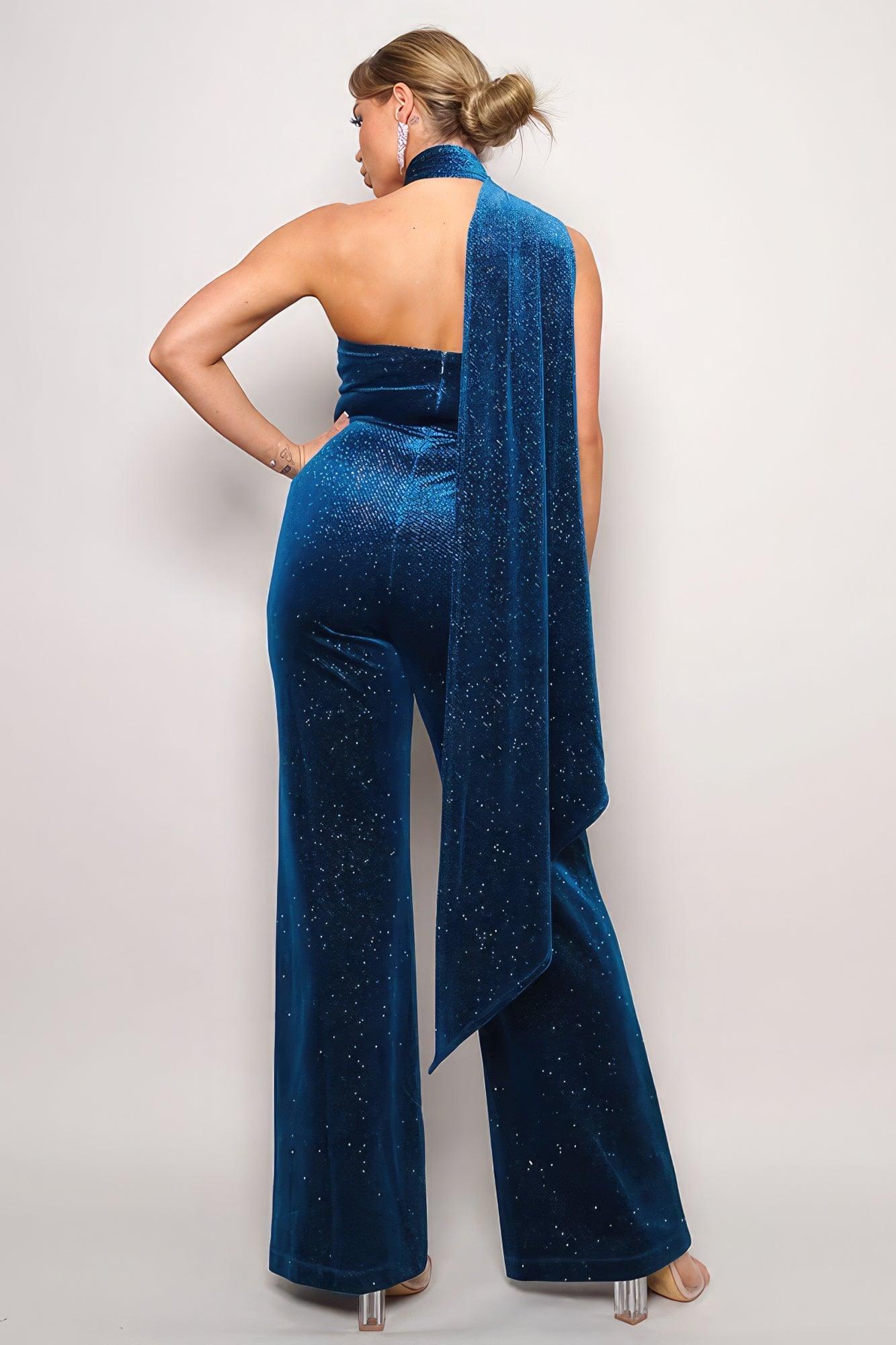 Scarf Top Glitter Velvet Jumpsuit - Clothes For Her Online Store