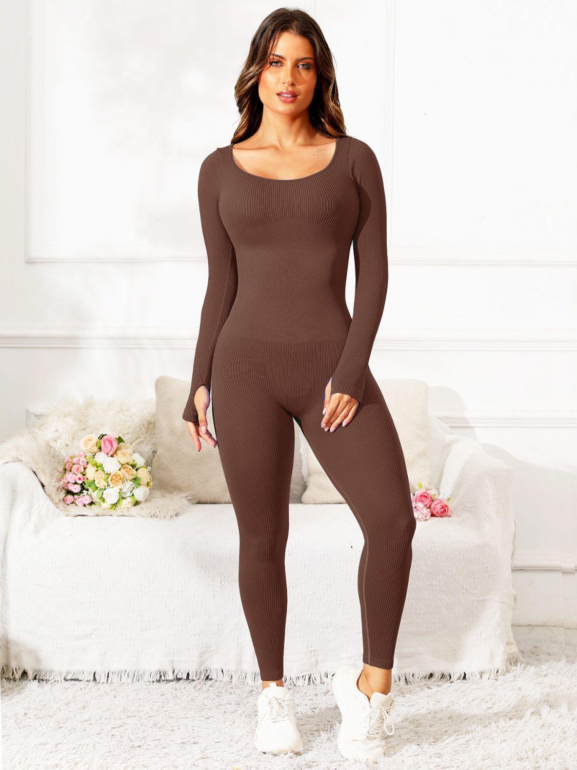 Scoop Neck Long Sleeve Active Jumpsuit - Clothes For Her Online Store