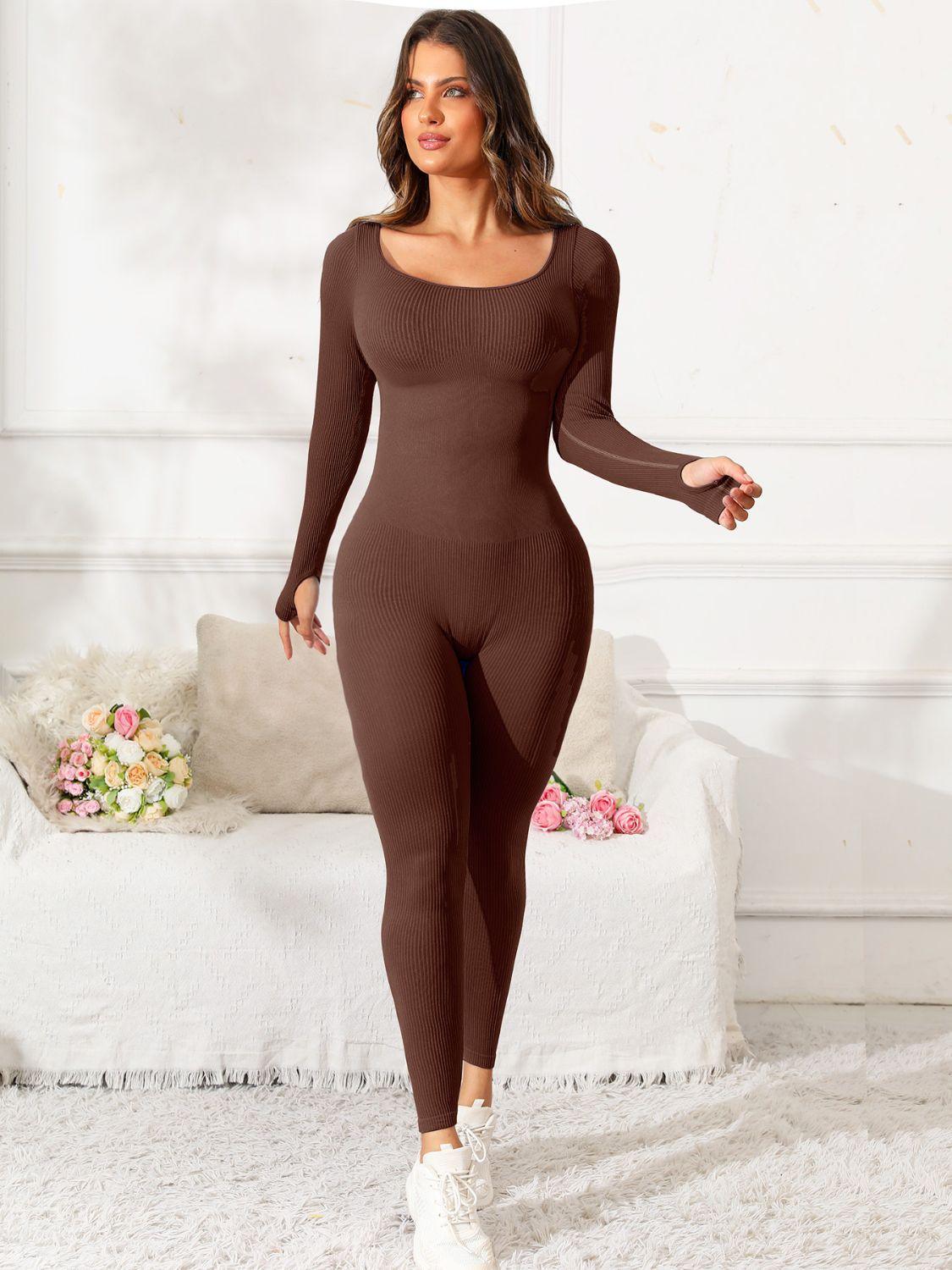 Scoop Neck Long Sleeve Active Jumpsuit - Clothes For Her Online Store