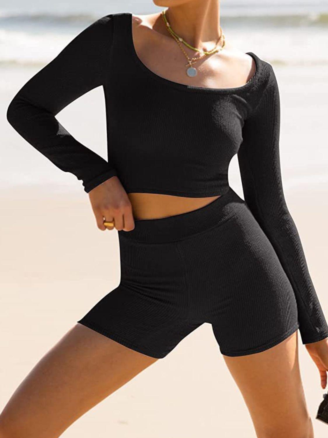 Scoop Neck Long Sleeve Top and Shorts Set - Clothes For Her Online Store