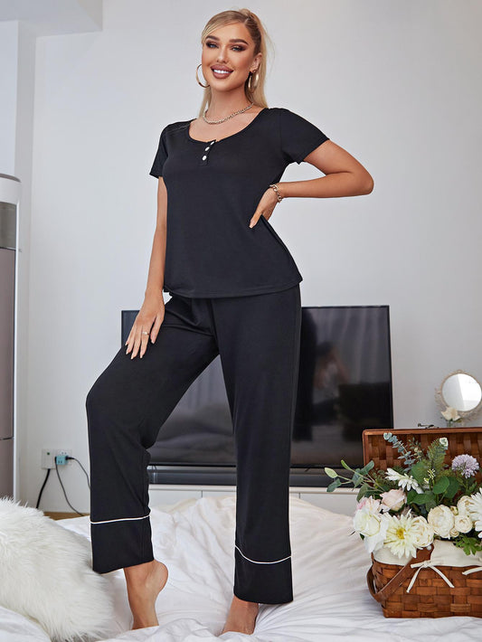 Scoop Neck Top and Elastic Waist Pants Lounge Set - Clothes For Her Online Store