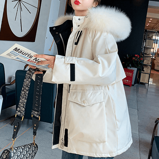 Womens Mid Length Zipper Coat with Furry Hood