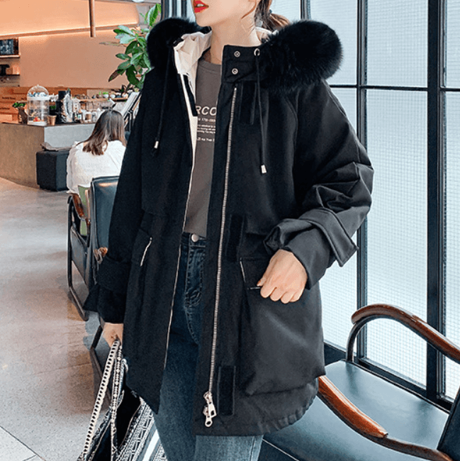 Womens Mid Length Zipper Coat with Furry Hood