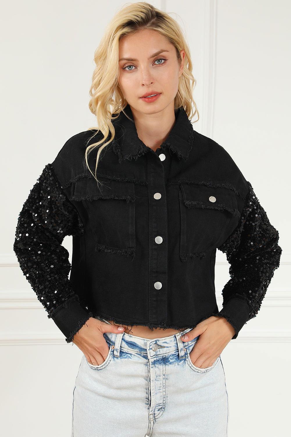 Sequin Button Up Raw Hem Denim Jacket - Clothes For Her Online Store