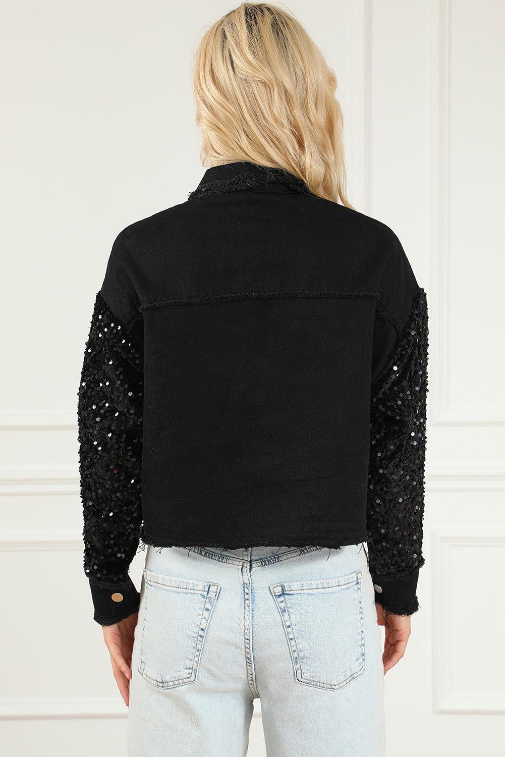 Sequin Button Up Raw Hem Denim Jacket - Clothes For Her Online Store
