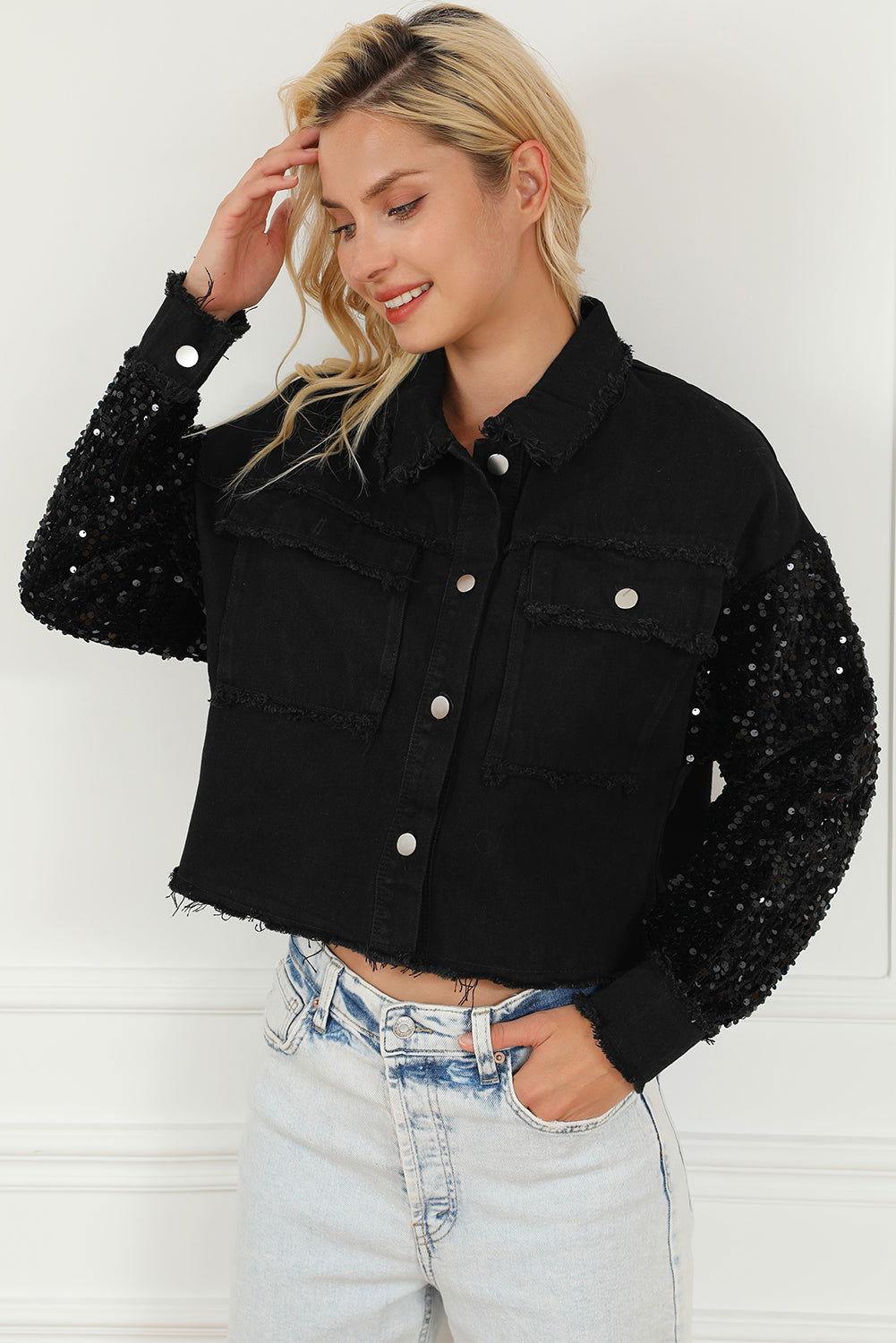 Sequin Button Up Raw Hem Denim Jacket - Clothes For Her Online Store