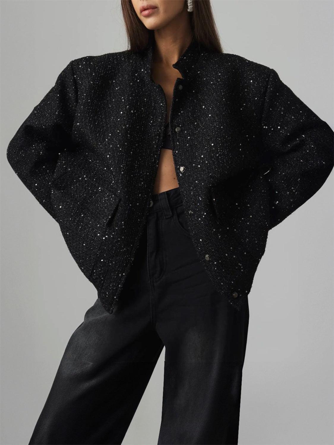 Sequin Detail Pocketed Long Sleeve Jacket - Clothes For Her Online Store