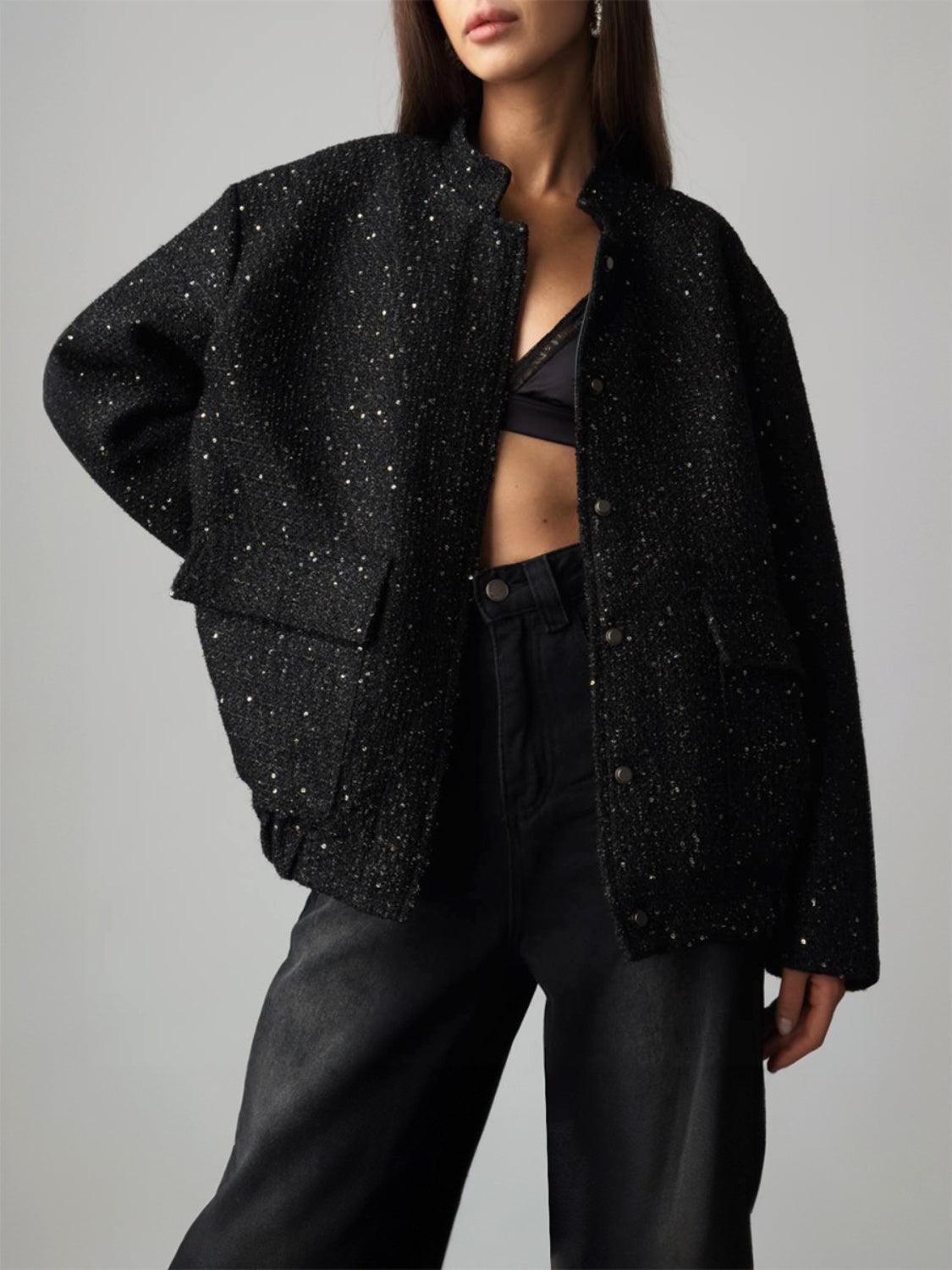 Sequin Detail Pocketed Long Sleeve Jacket - Clothes For Her Online Store