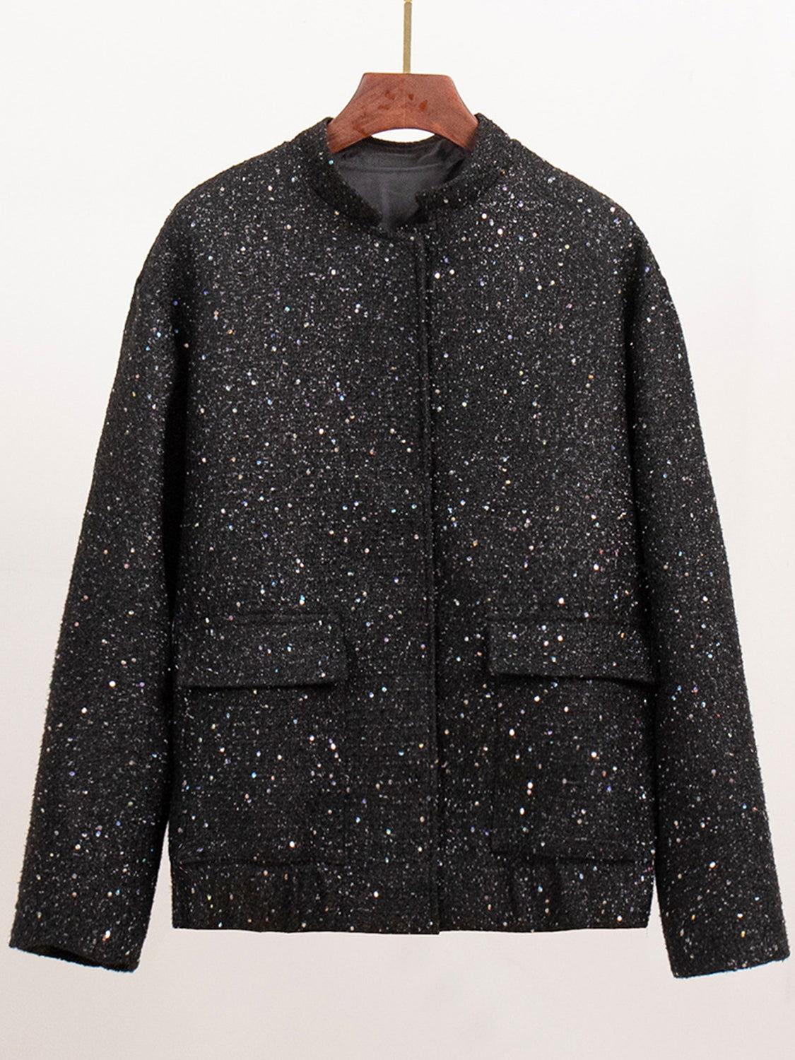 Sequin Detail Pocketed Long Sleeve Jacket - Clothes For Her Online Store