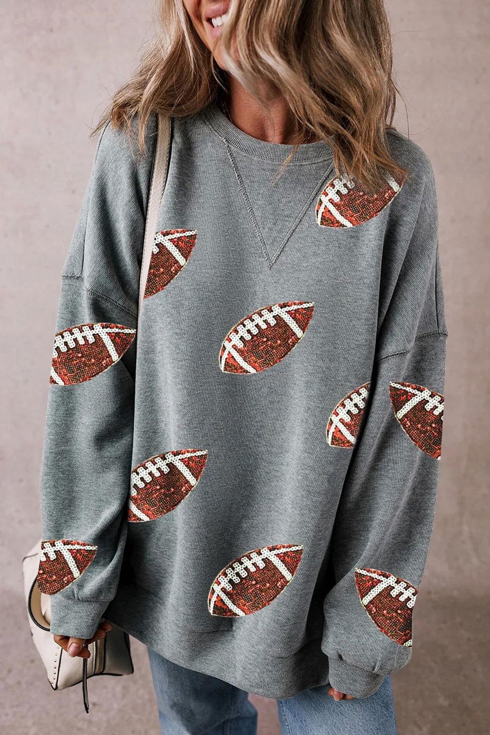 Sequin Football Round Neck Long Sleeve Sweatshirt - Clothes For Her Online Store