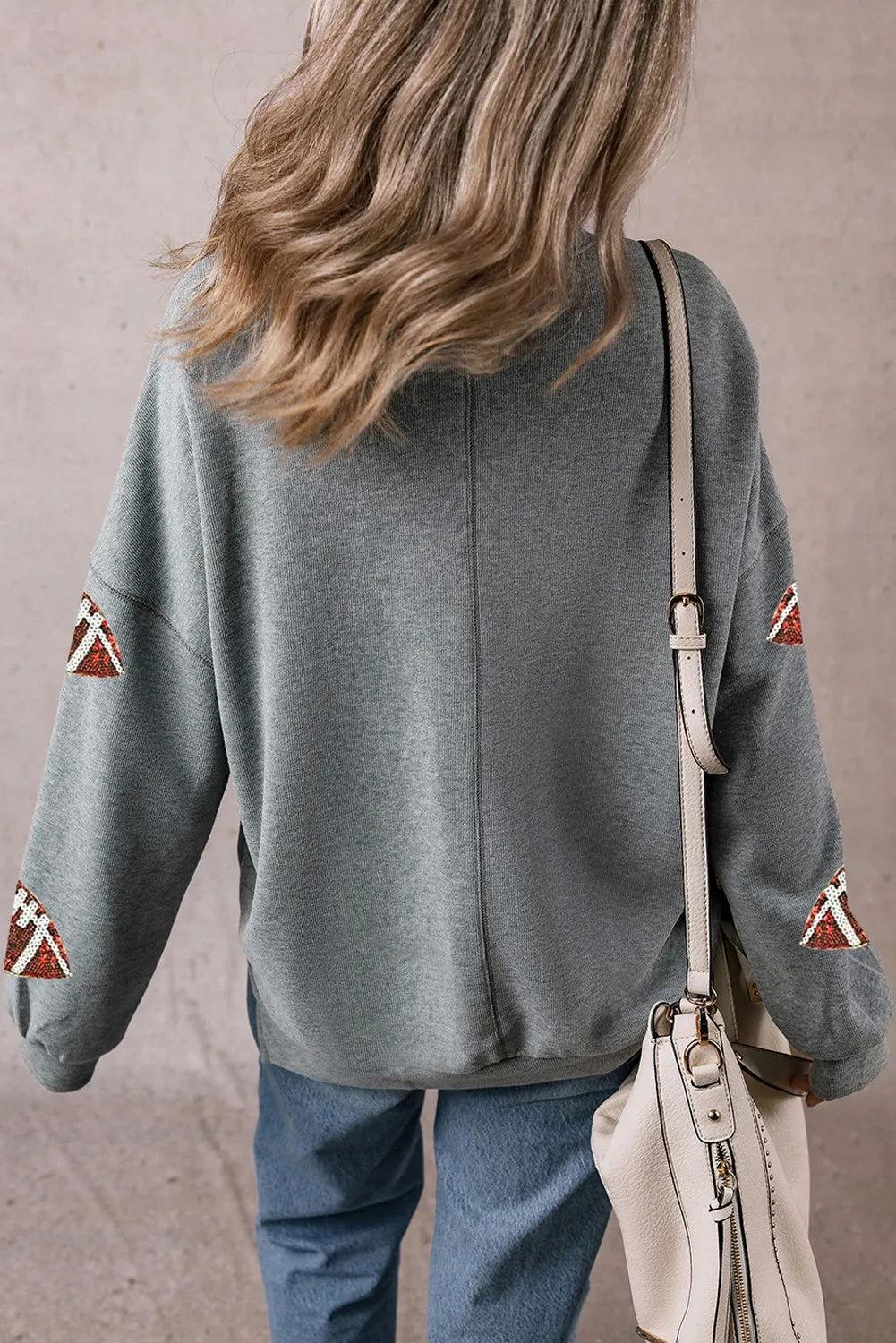 Sequin Football Round Neck Long Sleeve Sweatshirt - Clothes For Her Online Store