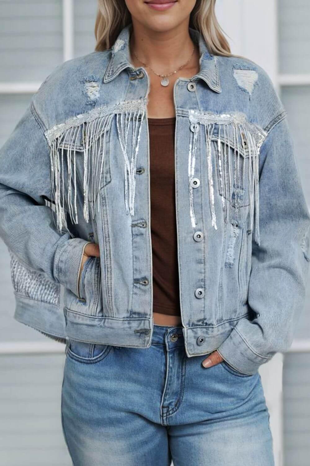 Sequin Fringe Trim Distressed Button Up Denim Jacket - Clothes For Her Online Store