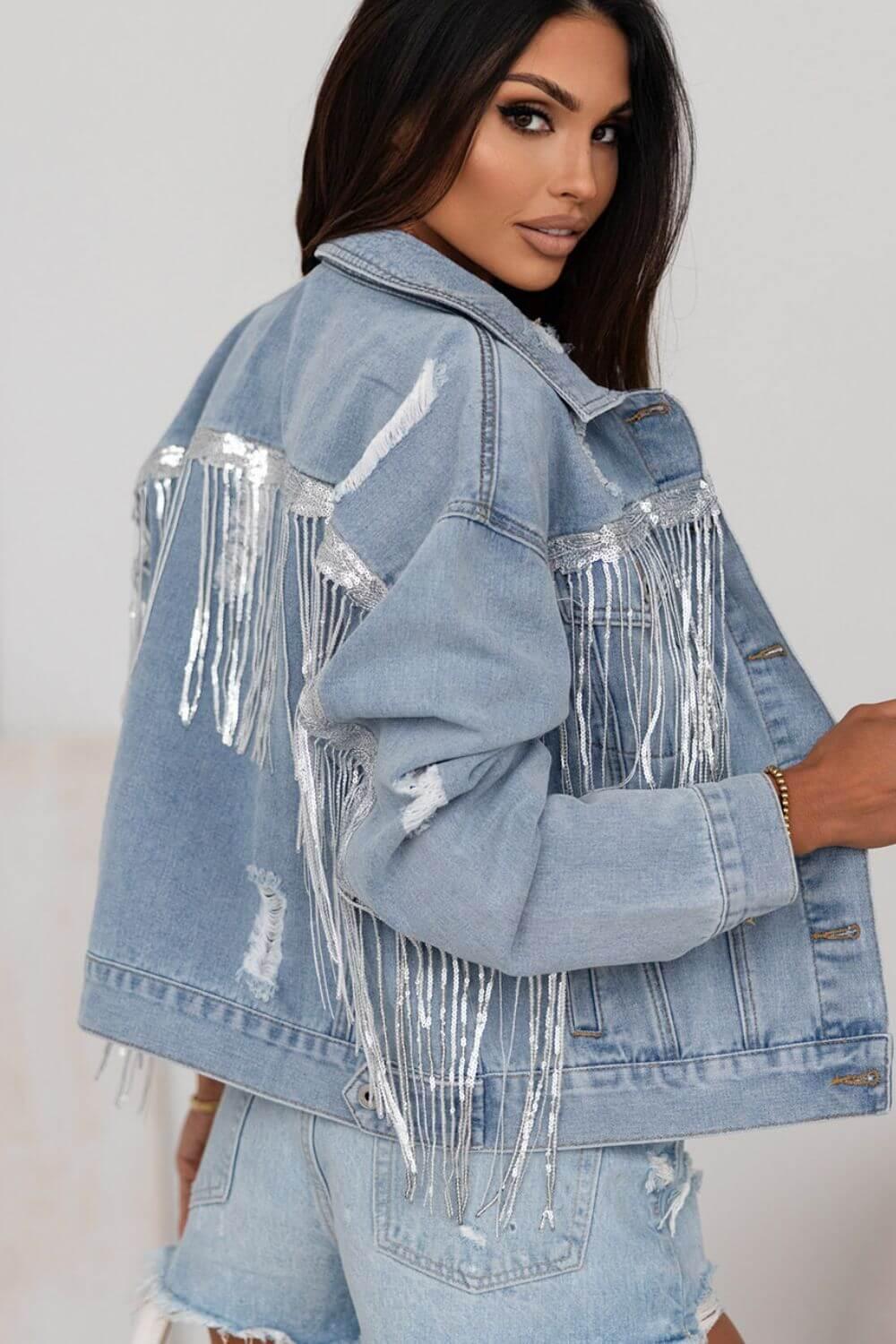 Sequin Fringe Trim Distressed Button Up Denim Jacket - Clothes For Her Online Store