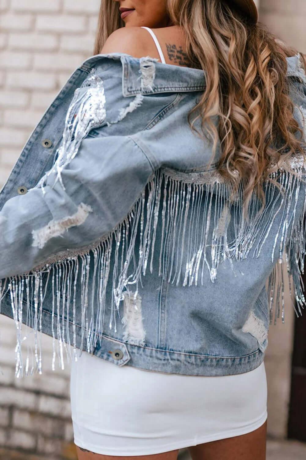 Sequin Fringe Trim Distressed Button Up Denim Jacket - Clothes For Her Online Store