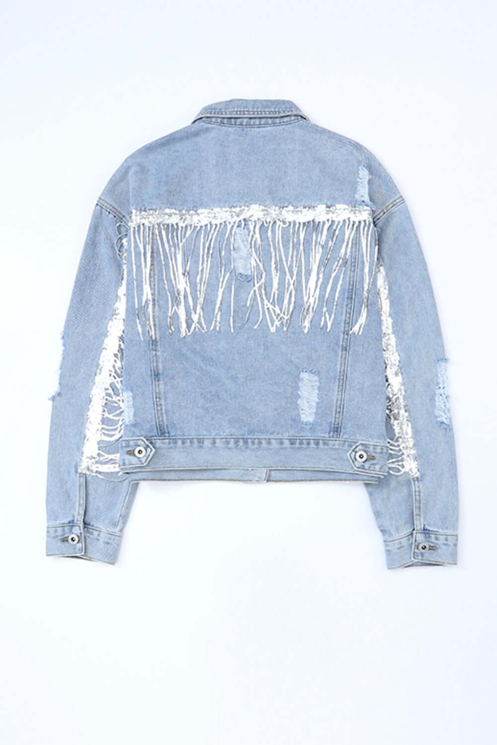 Sequin Fringe Trim Distressed Button Up Denim Jacket - Clothes For Her Online Store