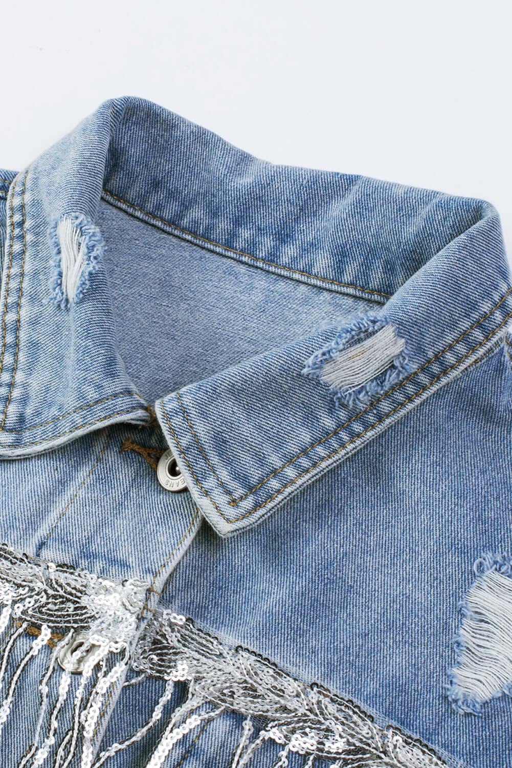 Sequin Fringe Trim Distressed Button Up Denim Jacket - Clothes For Her Online Store