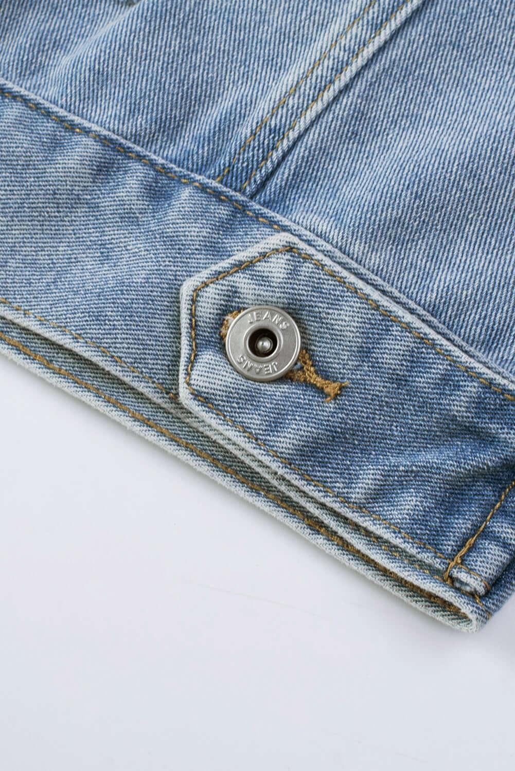 Sequin Fringe Trim Distressed Button Up Denim Jacket - Clothes For Her Online Store