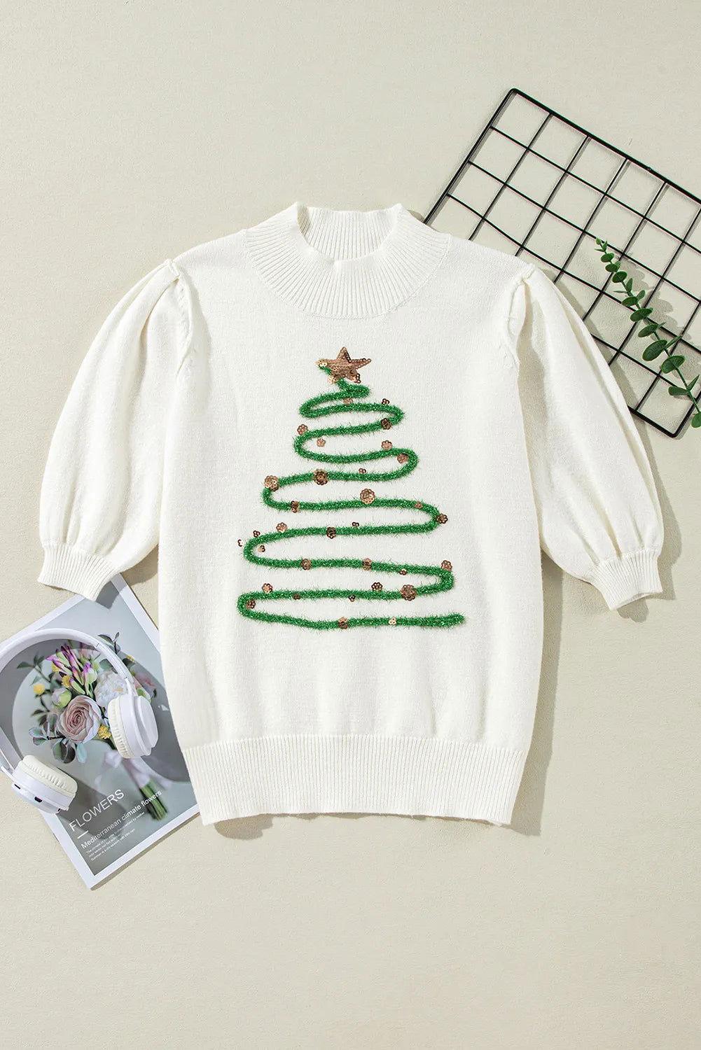 Sequin Mock Neck Short Sleeve Sweater - Clothes For Her Online Store