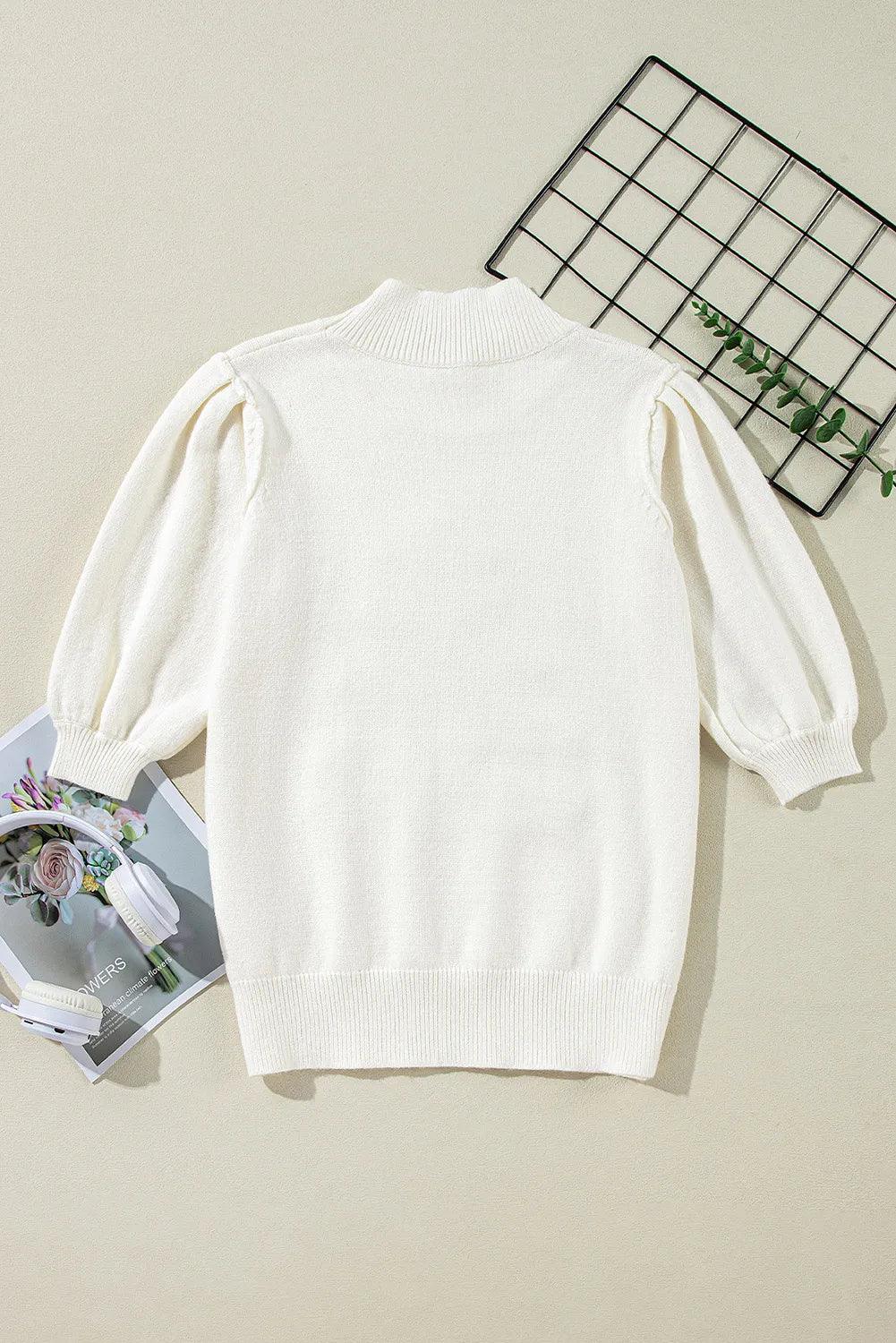 Sequin Mock Neck Short Sleeve Sweater - Clothes For Her Online Store