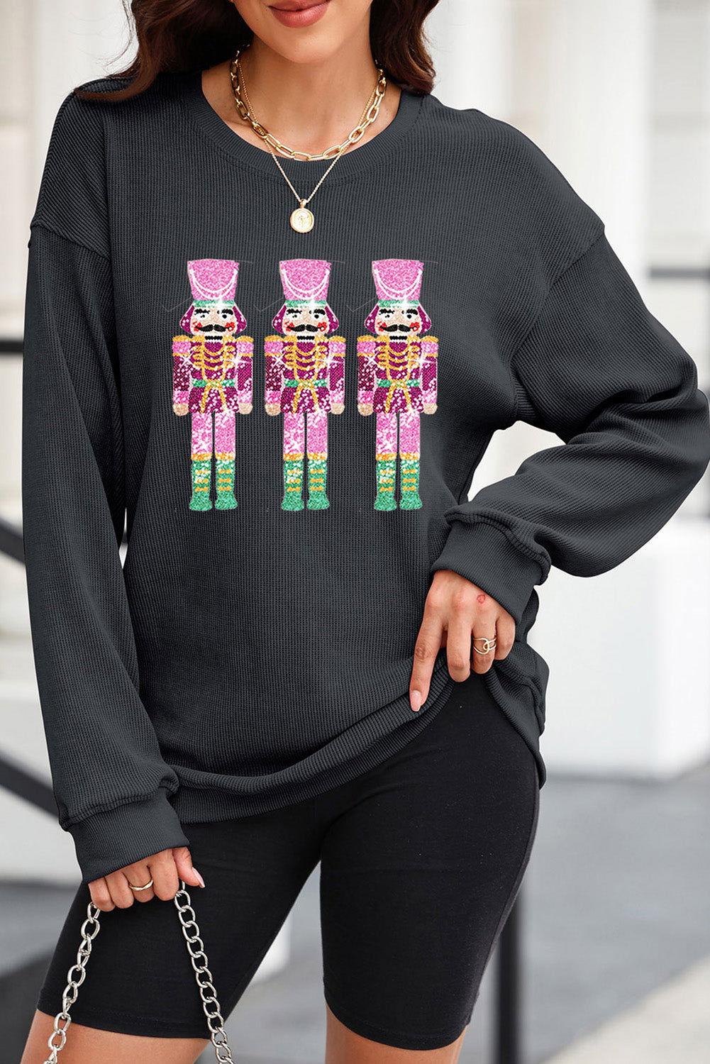 Sequin Nutcracker Round Neck Long Sleeve Sweatshirt - Clothes For Her Online Store