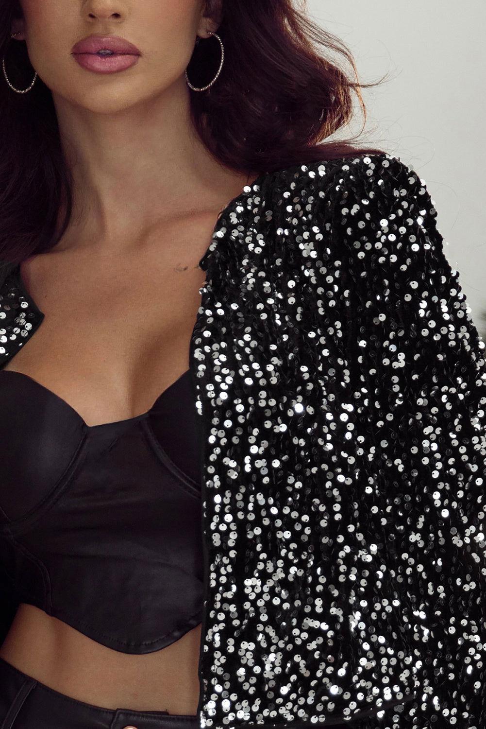 Sequin Open Front Long Sleeve Jacket - Clothes For Her Online Store