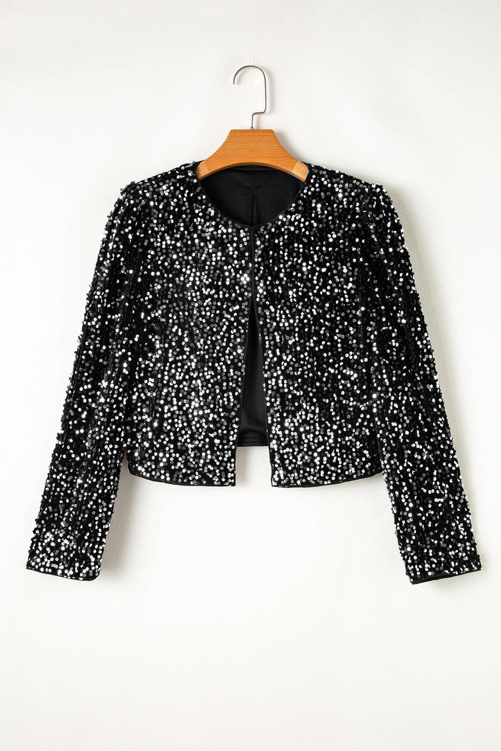 Sequin Open Front Long Sleeve Jacket - Clothes For Her Online Store