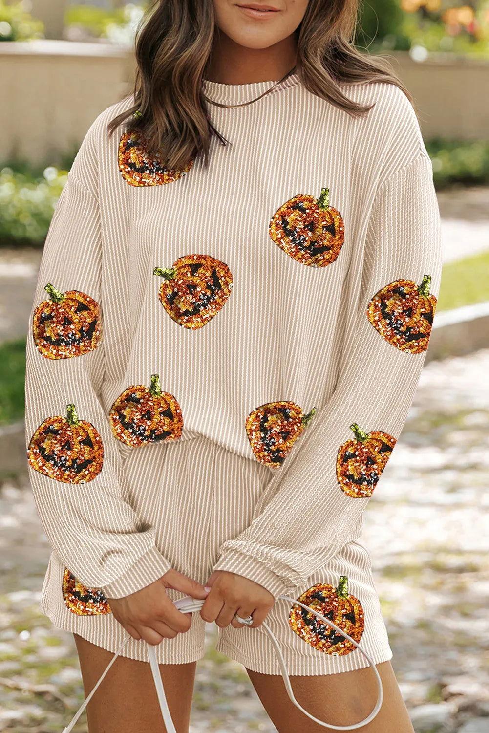 Sequin Pumpkin Round Neck Top and Shorts Set - Clothes For Her Online Store