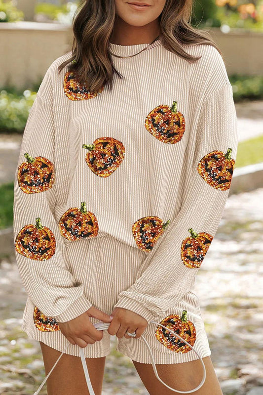 Sequin Pumpkin Round Neck Top and Shorts Set - Clothes For Her Online Store
