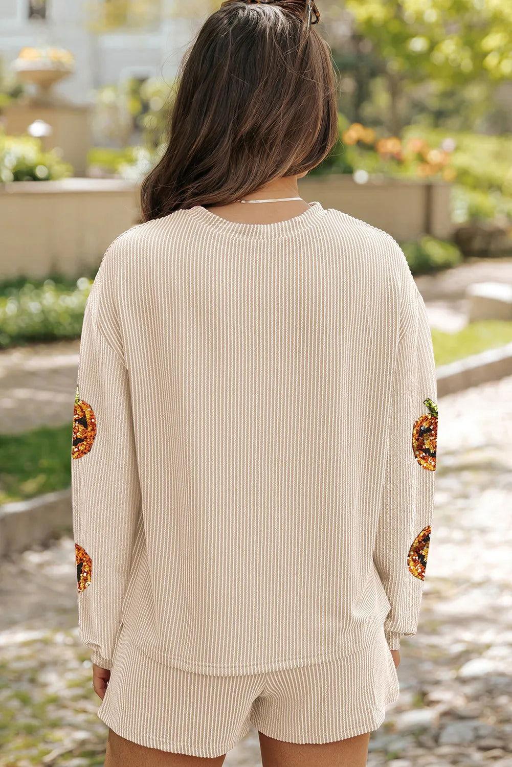 Sequin Pumpkin Round Neck Top and Shorts Set - Clothes For Her Online Store