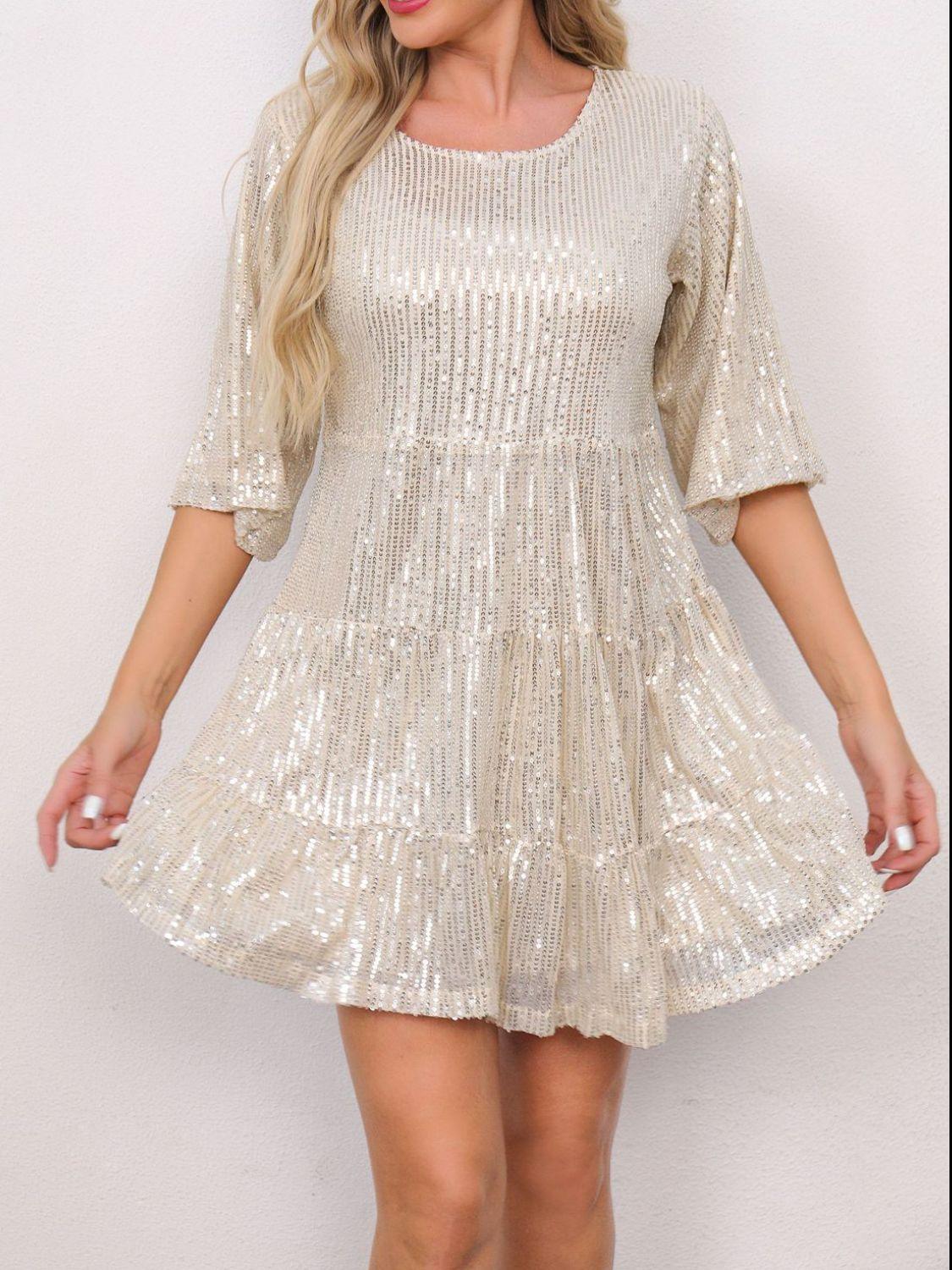 Sequin Round Neck Half Sleeve Mini Dress - Clothes For Her Online Store