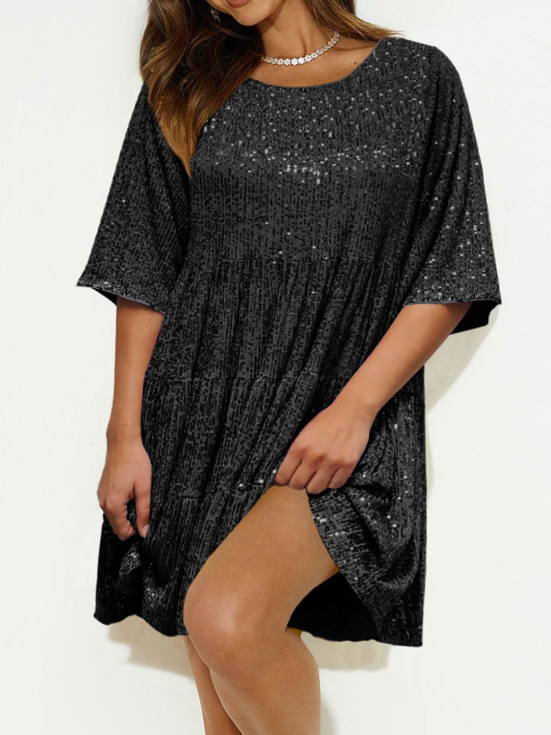 Sequin Round Neck Half Sleeve Mini Dress - Clothes For Her Online Store