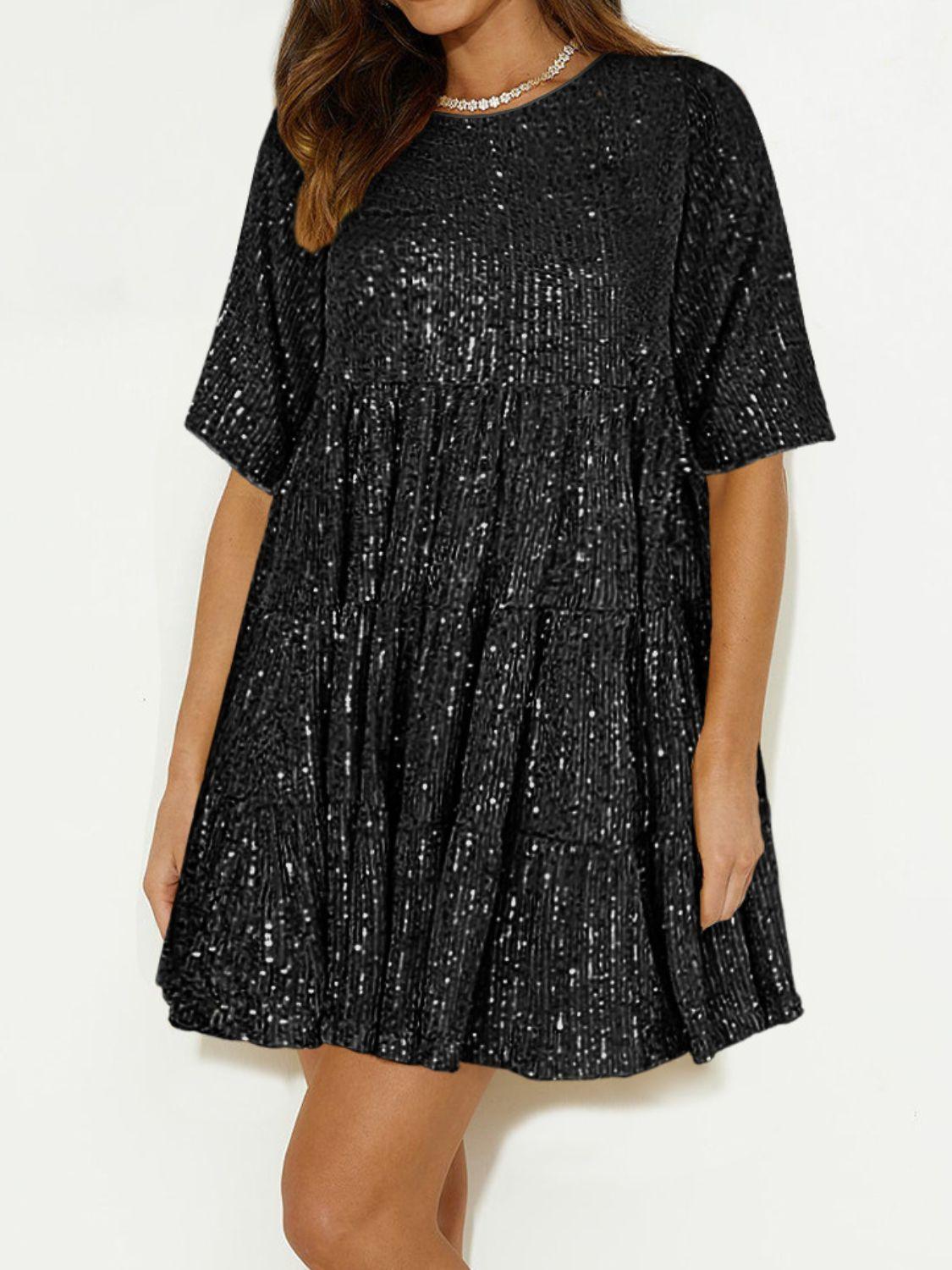 Sequin Round Neck Half Sleeve Mini Dress - Clothes For Her Online Store