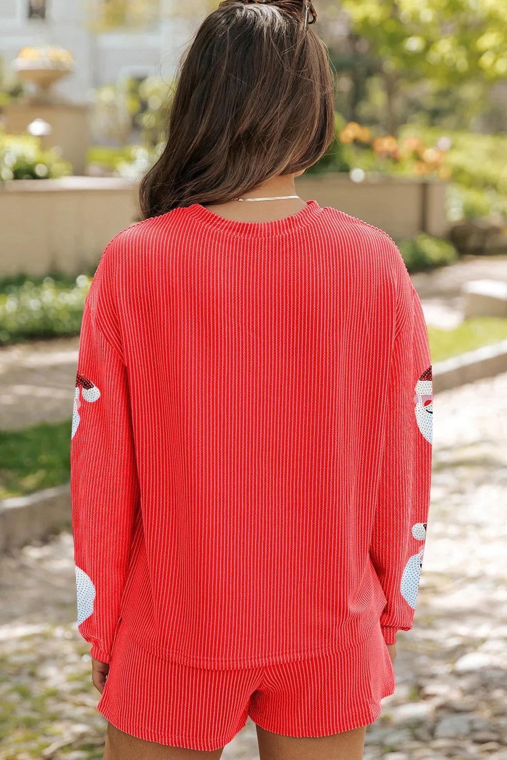 Sequin Santa Round Neck Long Sleeve Top and Shorts Set - Clothes For Her Online Store
