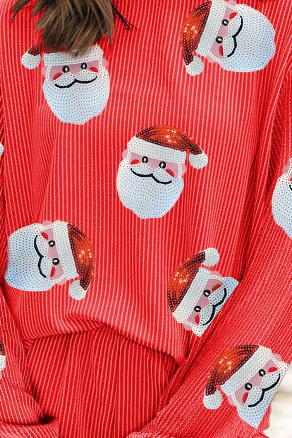 Sequin Santa Round Neck Long Sleeve Top and Shorts Set - Clothes For Her Online Store