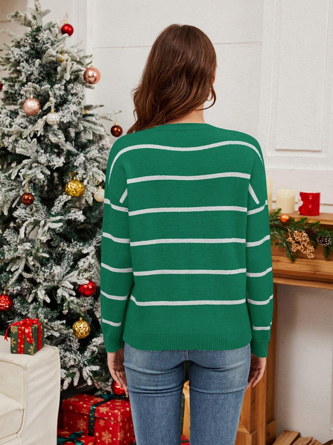 Sequin Santa Striped Round Neck Long Sleeve Sweater - Clothes For Her Online Store