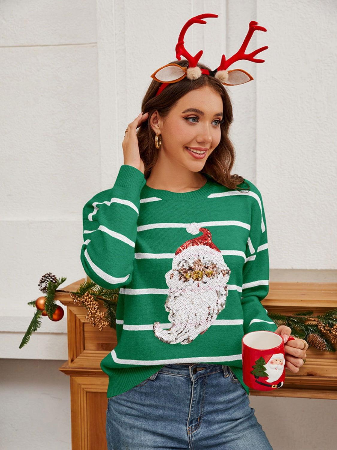 Sequin Santa Striped Round Neck Long Sleeve Sweater - Clothes For Her Online Store